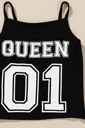 3'lü Queen Baskılı Tshirt Atlet Tayt Siyah Takım