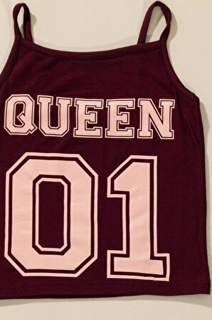 3'lü Queen Baskılı Tshirt Atlet Tayt Bordo Takım