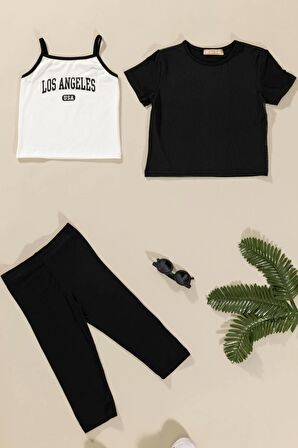 3'lü Los Angeles Baskılı Tshirt Atlet Tayt Siyah Takım