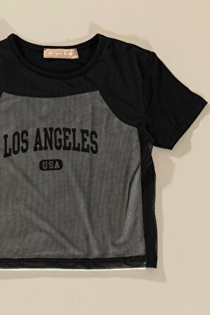 3'lü Los Angeles Baskılı Tshirt Atlet Tayt Siyah Takım