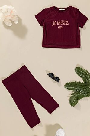 3'lü Los Angeles Baskılı Tshirt Atlet Tayt Bordo Takım