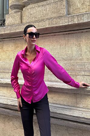 Önü Büzgülü Saten Fuşya Gömlek