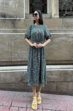 Şifon Astarlı Bel Büzgülü Desenli Uzun Yeşil Elbise