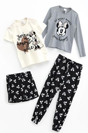 4'lü Minnie Mouse Siyah-Gri Pijama Takımı