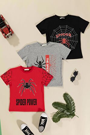 3'lü Spider Baskılı Siyah Kırmızı Gri Tshirt