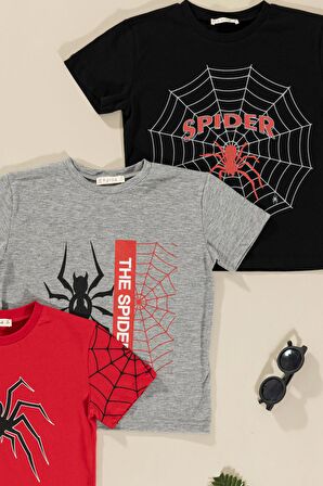 3'lü Spider Baskılı Siyah Kırmızı Gri Tshirt