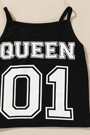 3'lü Queen Baskılı Tshirt Atlet Tayt Siyah Takım