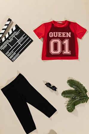 3'lü Queen Baskılı Tshirt Atlet Tayt Siyah Takım