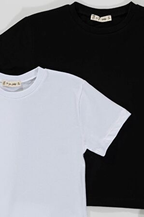 2'li Etiket Detaylı Cizgili Siyah Beyaz T-shirt