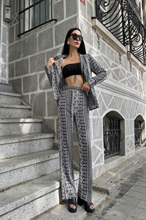 3'lü Viskon Desenli Bustiyer Pantolon Siyah Takım