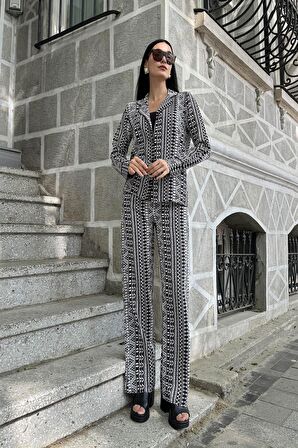 3'lü Viskon Desenli Bustiyer Pantolon Siyah Takım