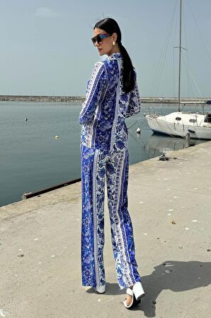 3'lü Viskon Desenli Bustiyer Pantolon Mavi Takım