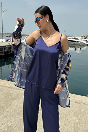 3'lü Saten Zincir Desen Atlet Pantolon Lacivert Takım