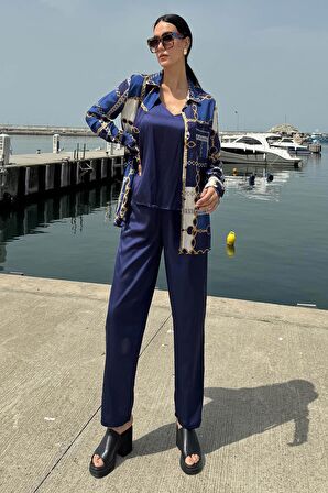 3'lü Saten Zincir Desen Atlet Pantolon Lacivert Takım