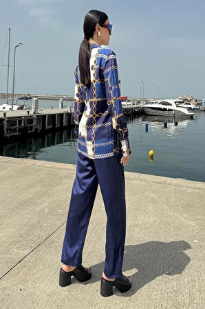 3'lü Saten Zincir Desen Atlet Pantolon Lacivert Takım