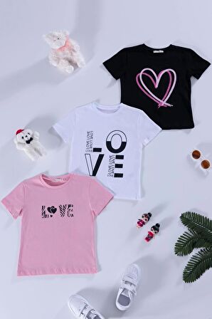 3'lü Love Baskılı Siyah Pembe Beyaz Tshirt