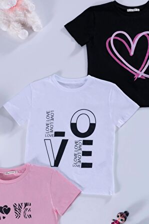 3'lü Love Baskılı Siyah Pembe Beyaz Tshirt