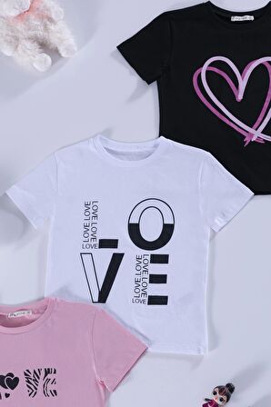 3'lü Love Baskılı Siyah Pembe Beyaz Tshirt