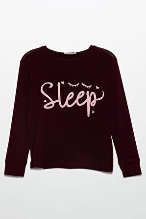 Sleep Baskılı Doğal Viskon Bordo Pijama Takımı