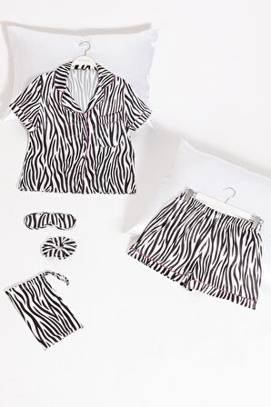 5'li Zebra Desenli Saten Pijama Şort Takım