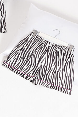 5'li Zebra Desenli Saten Pijama Şort Takım