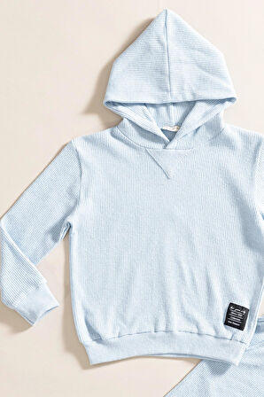 2'li Kapişonlu Mavi Waffle Sweat Jogger Alt Üst Takım