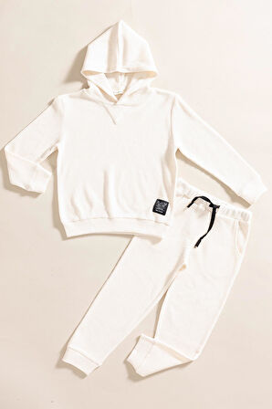 2'li Kapişonlu Ekru Waffle Sweat Jogger Alt Üst Takım