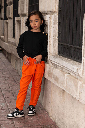 2'li Omuz Düğmeli Bel Fırfırlı Turuncu Gabardin Pantolon Takım