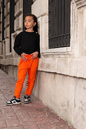 2'li Omuz Düğmeli Bel Fırfırlı Turuncu Gabardin Pantolon Takım