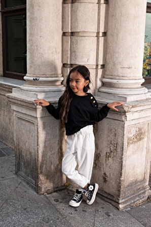 2'li Omuz Düğmeli Bel Fırfırlı Ekru Gabardin Pantolon Takım