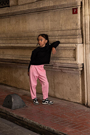 2'li Omuz Düğmeli Bel Fırfırlı Pembe Gabardin Pantolon Takım