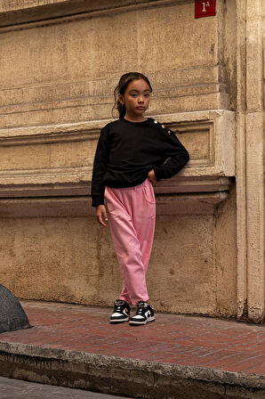 2'li Omuz Düğmeli Bel Fırfırlı Pembe Gabardin Pantolon Takım