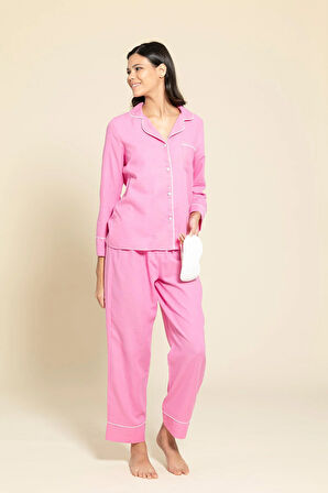 3'lü Organik Beyaz Biyeli Pembe Pijama Takımı