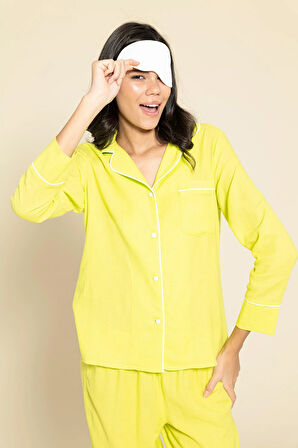 3'lü Organik Beyaz Biyeli Sarı Pijama Takımı