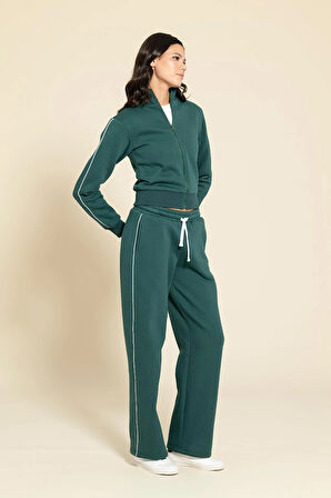 2'li Fermuarlı Kol Biye Detaylı Yeşil Eşofman Takımı