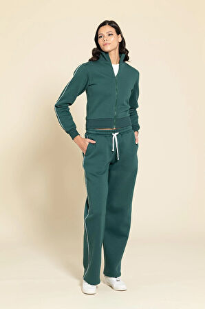 2'li Fermuarlı Kol Biye Detaylı Yeşil Eşofman Takımı