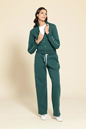 2'li Fermuarlı Kol Biye Detaylı Yeşil Eşofman Takımı