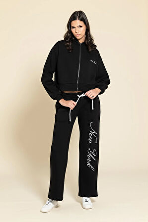 2'li Fermuarlı Newyork Nakışlı Siyah Eşofman Takımı