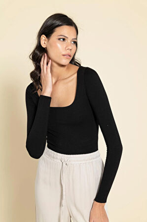 Çift Kat Modal Kare Yaka Siyah Bluz