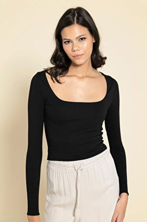 Çift Kat Modal Kare Yaka Siyah Bluz