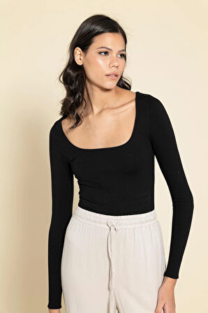 Çift Kat Modal Kare Yaka Siyah Bluz