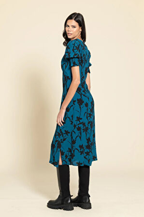 Kol Büzgülü Yırtmaçlı Çiçekli Saks Elbise