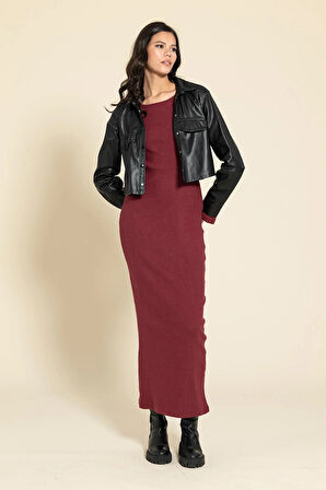 Sırt Dekolteli Uzun Bordo Elbise