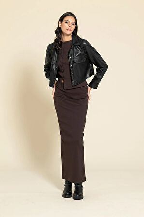 Düğmeli Kahverengi Bluz Etek Takım