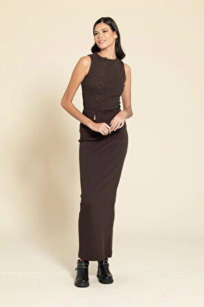 Düğmeli Kahverengi Bluz Etek Takım