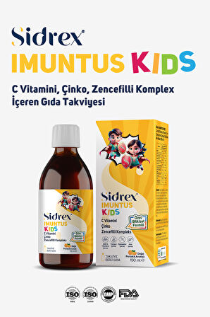 Imuntus Kids Portakal Aromalı C Vitamini, Çinko ve Zencefilli Komplex İçeren Gıda Takviyesi 150ML