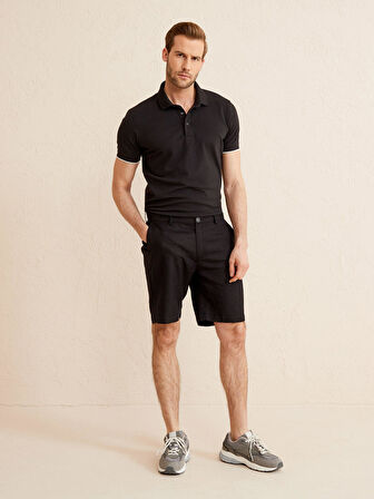 Siyah Regular Fit Keten Şort