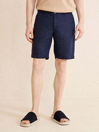 Lacivert Regular Fit Keten Şort