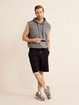 Siyah Regular Fit Pamuklu Sweat Şort