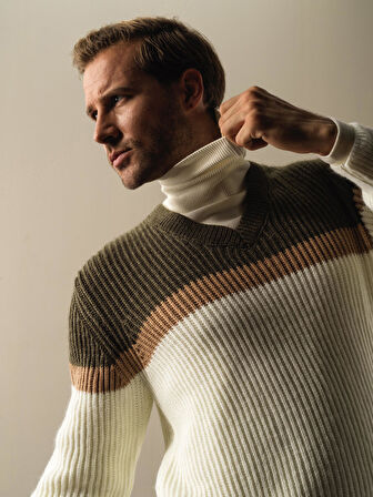 Xint Ekru Çizgi Detaylı Kazak